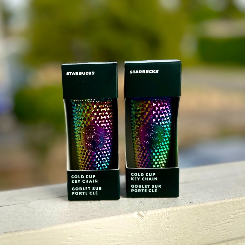 NWT Starbucks Halloween 2023 Black Rainbow Oil-slick Bling Studded Keychain Set